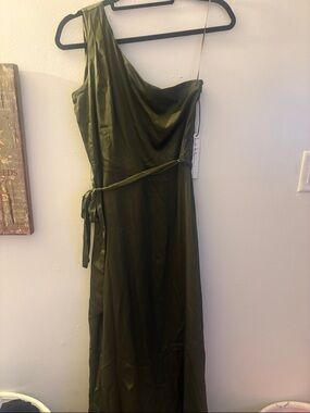Nicole Miller One-Shoulder Olive Green Satin Maxi Dress with Side Tie